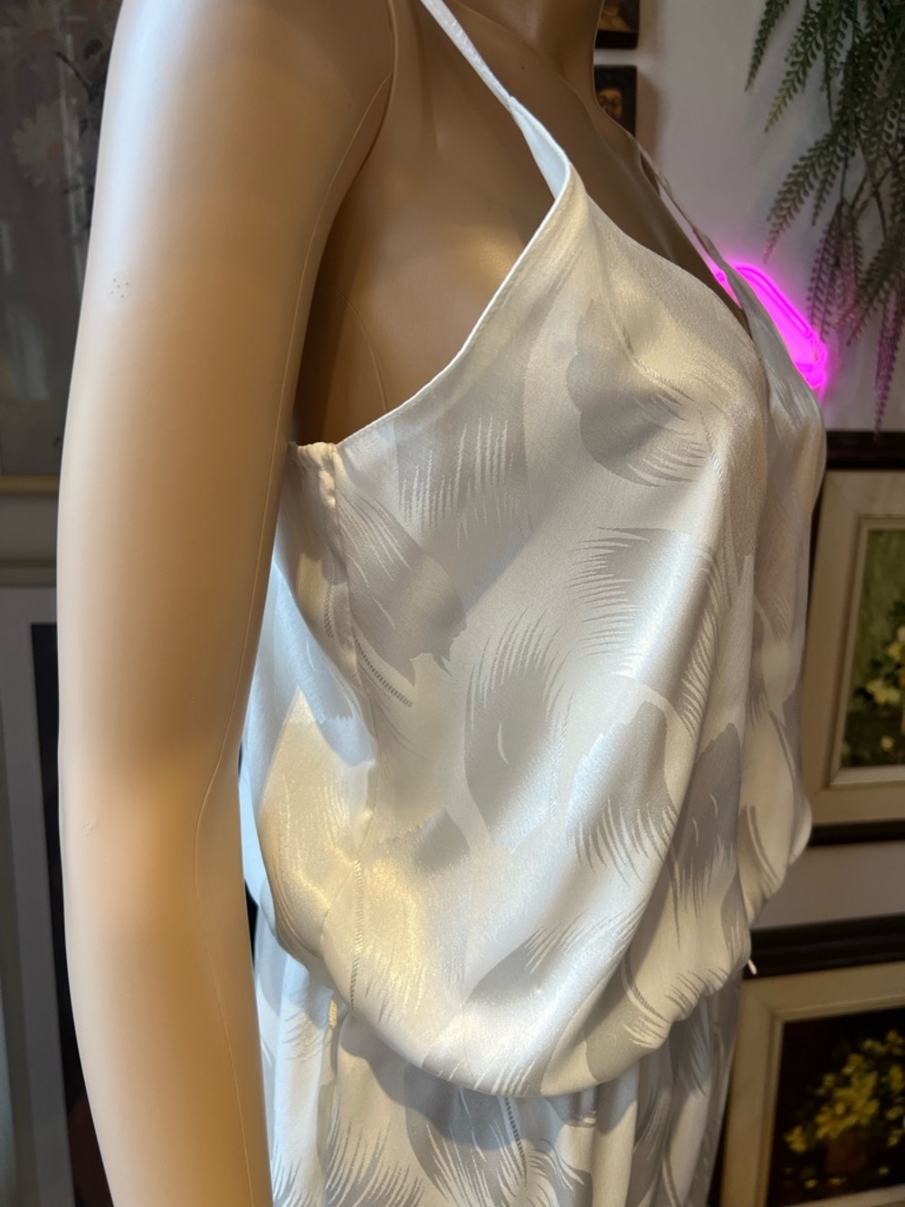 70s Disco Styling Creamy White Satin/Matte V-Neck Jumpsuit with Spaghetti Straps - Picture 6 of 14